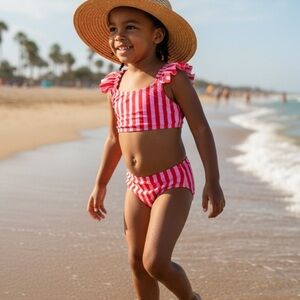 Crewcuts | Ruffled Striped Pink and Red Bikini | Size 8